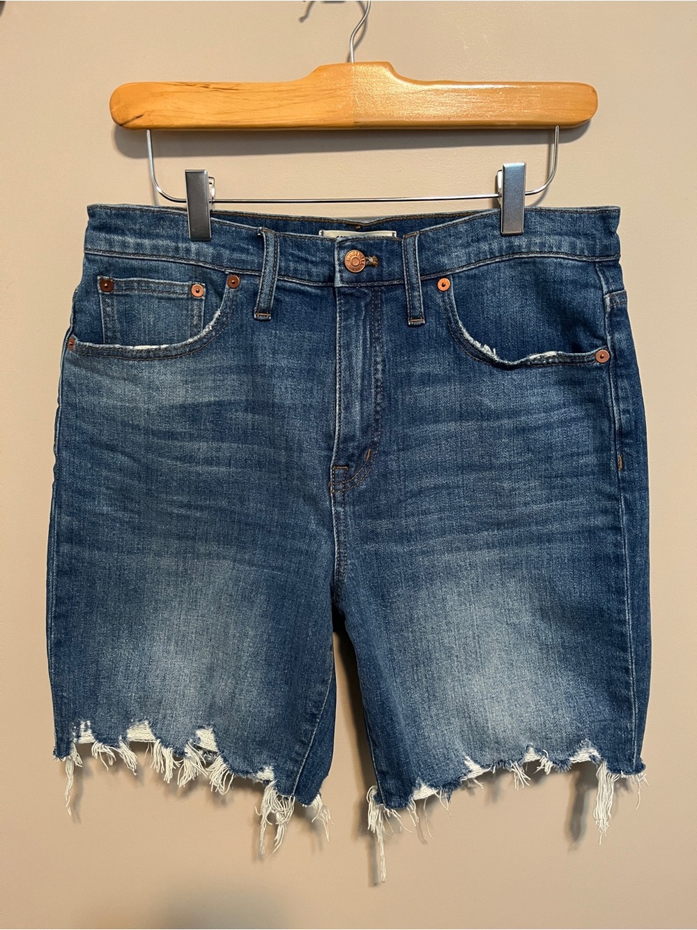 Madewell Distressed High-Rise Denim Mid-Length Shorts, size 29